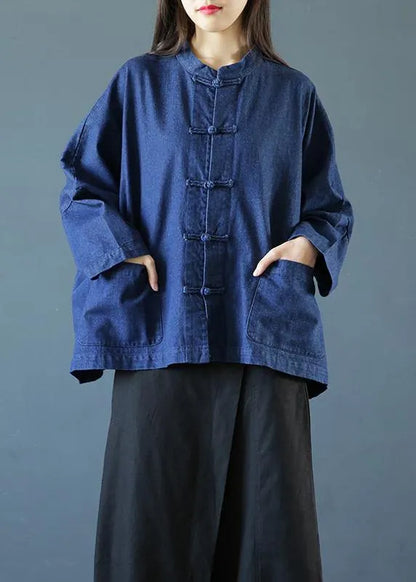 Denim Dark Blue Clothes for Stand Collar Chinese Button Tunic Blouse