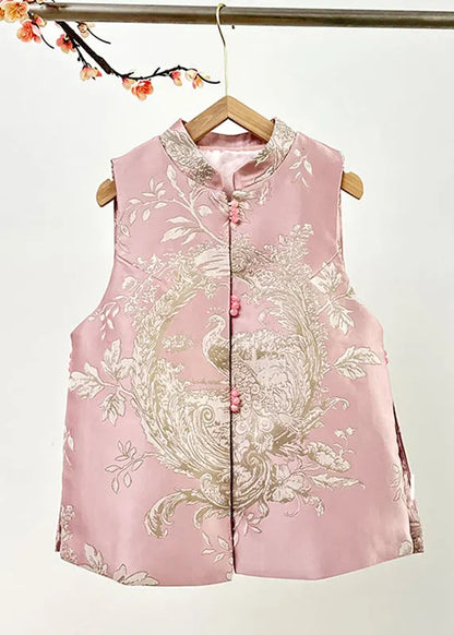 Pink Stand Collar Embroidered Nail Bead Side Open Waistcoat Fall