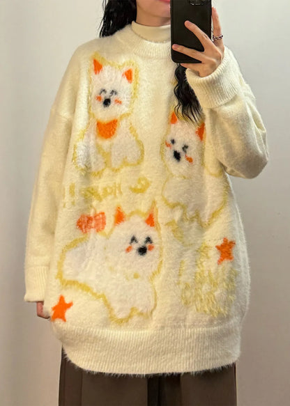 Apricot O-neck Little Dog Cozy Mink Hair Knitted Sweater Winter