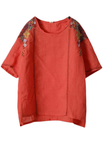 Handmade Red O-neck Embroidered Linen Tank Tops Short Sleeve
