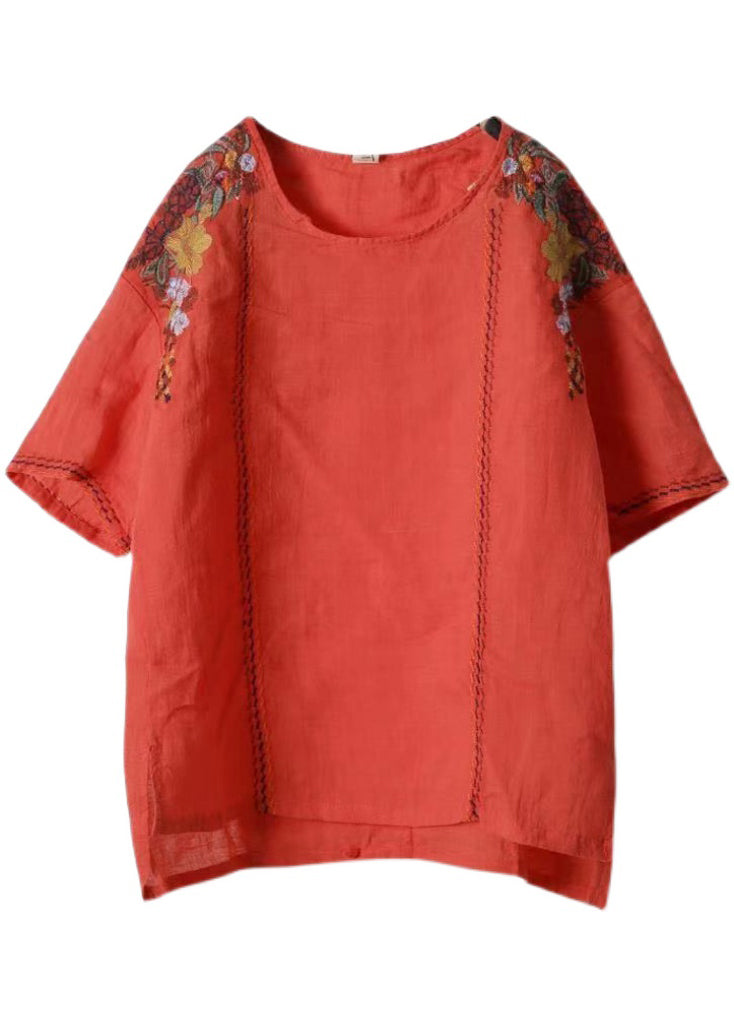 Handmade Red O-neck Embroidered Linen Tank Tops Short Sleeve