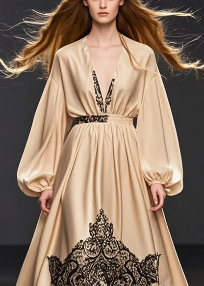 Khaki Deep-v Neck Print Silk Party Dress Fall