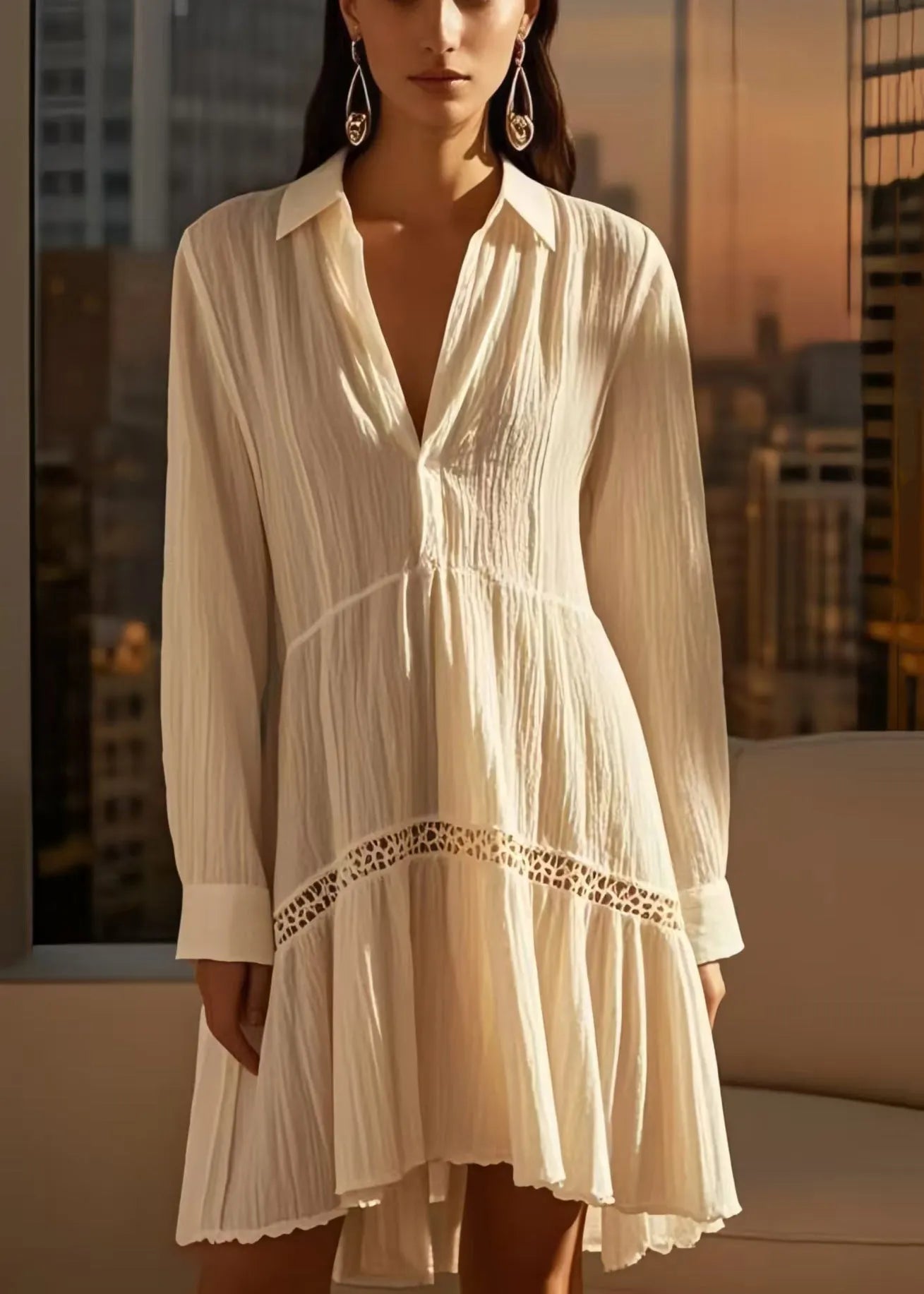 Diy White V Neck Patchwork Wrinkled Cotton Mid Dress Spring