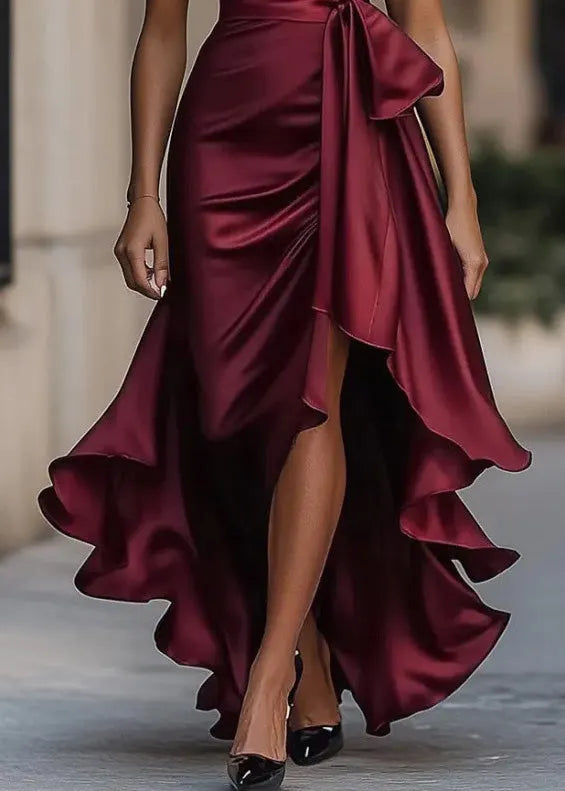 Mulberry Ruffled Asymmetrical Design Silk Dresses Summer