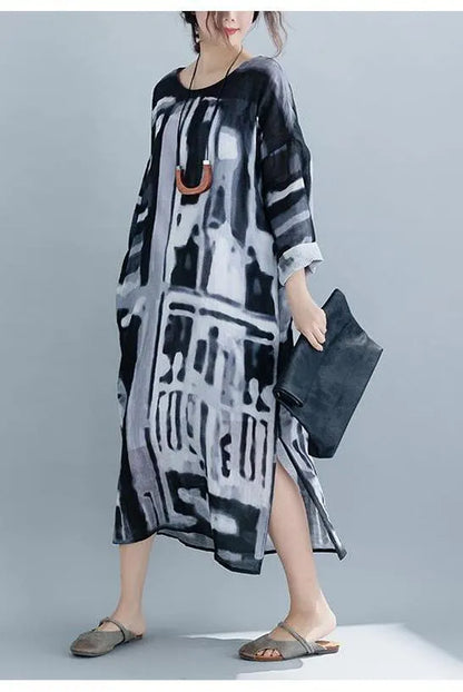 Loose Black Print Loose Linen Maxi Dresses for