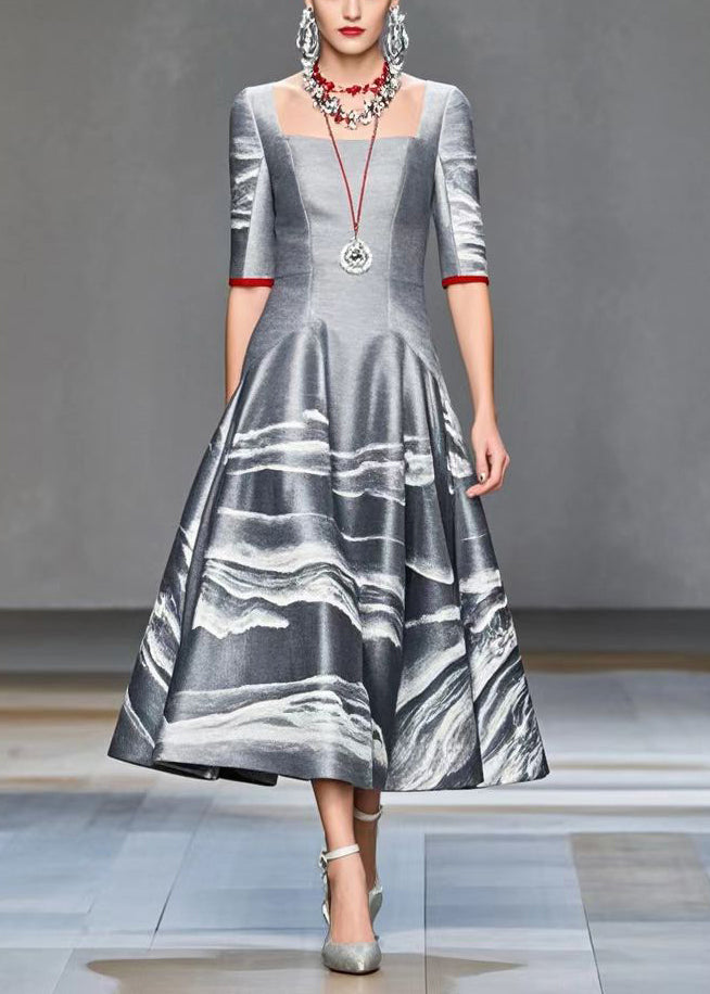 Grey Print Exra Large Hem Cotton Dress Half Sleeve