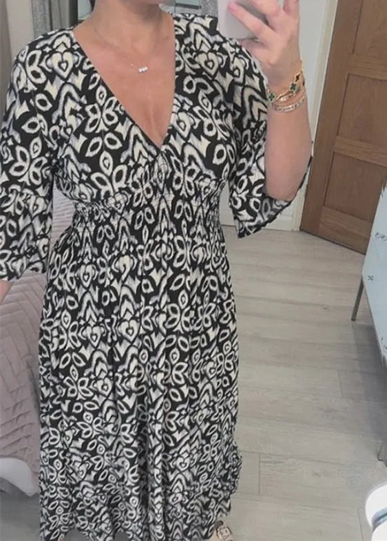 Red V Neck Print Cotton Dresses Summer