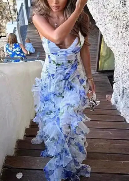 Blue Ruffled Print Tulle Spaghetti Strap Dress Sleeveless