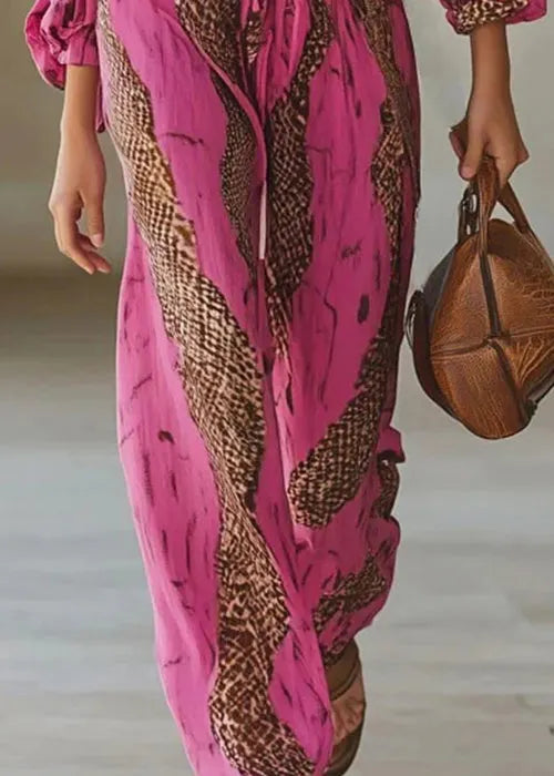Pink V Neck Print Lace Up Cotton Jumpsuit Fall