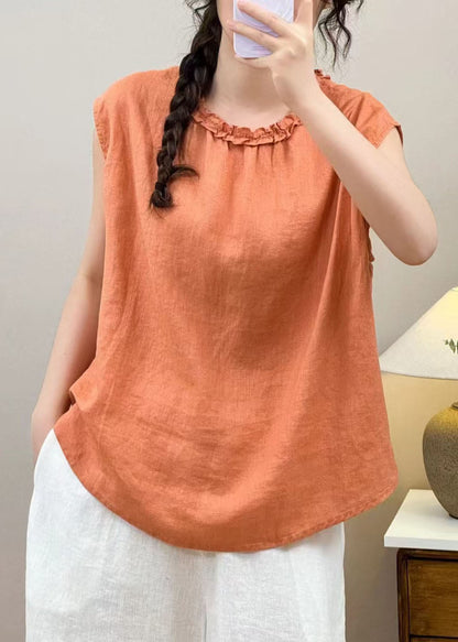 Orange Ruffled Linen Shirt Top Sleeveless
