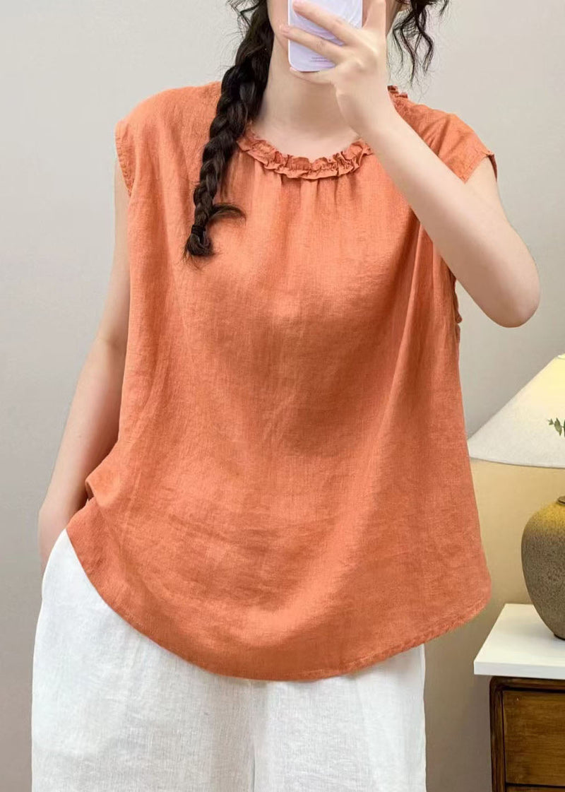 Orange Ruffled Linen Shirt Top Sleeveless