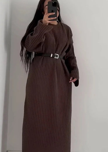 Grey O Neck Long Knit Sweaters Dress Fall