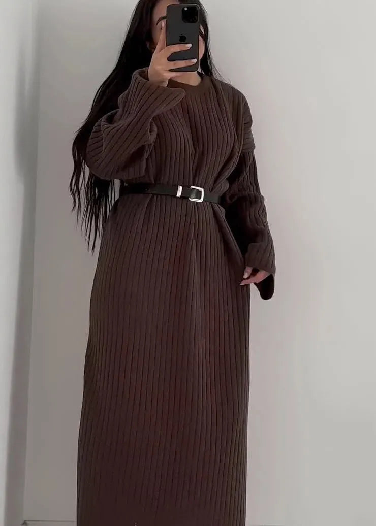 Grey O Neck Long Knit Sweaters Dress Fall