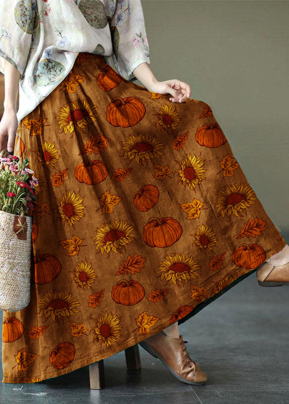 Brown-tree Print Ramie Elastic Waist Skirt