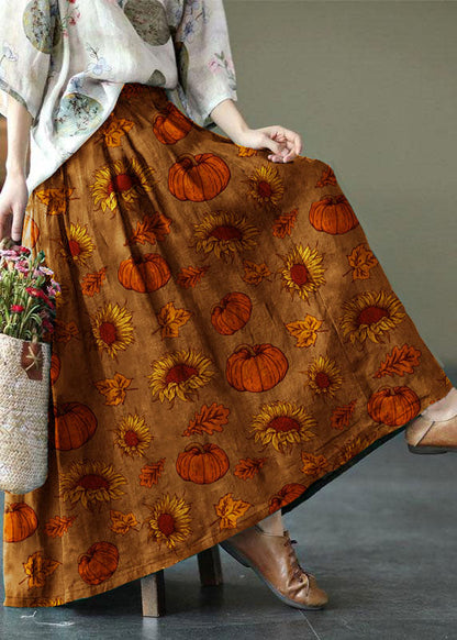 Brown Flower Ramie Elastic Waist Skirt