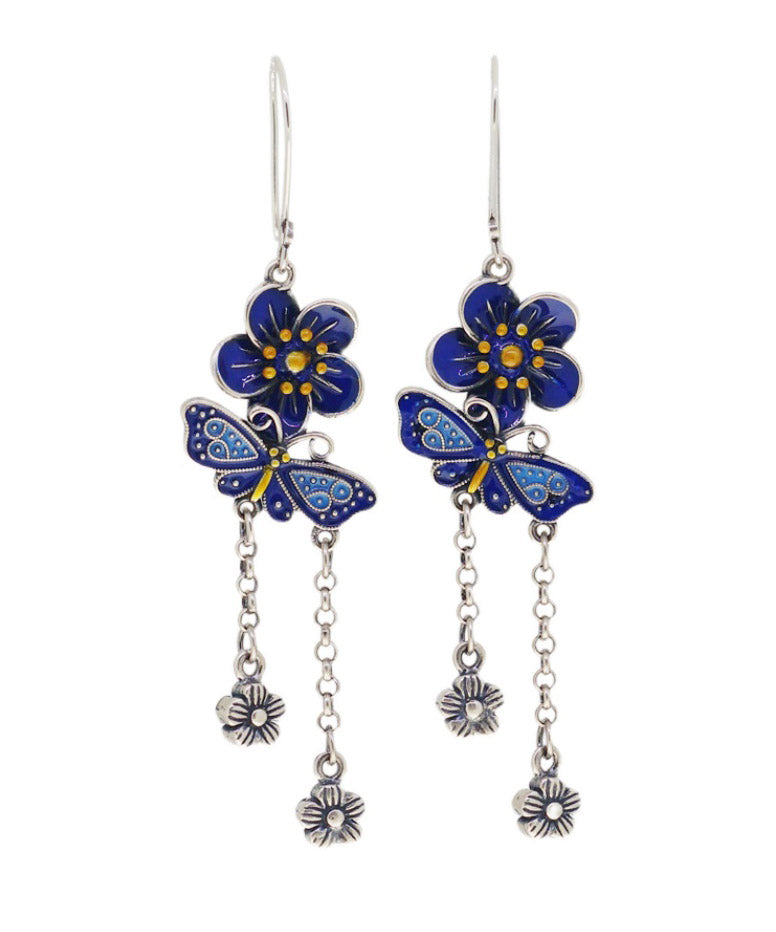 Diy Blue Sterling Silver Butterfly Tassel Drop Earrings