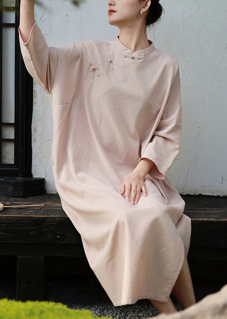 Retro Pink Stand Collar Oriental Button Cotton Dress Spring