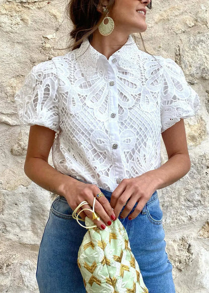 White Peter Pan Collar Hollow Out Lace Blouse Top Summer