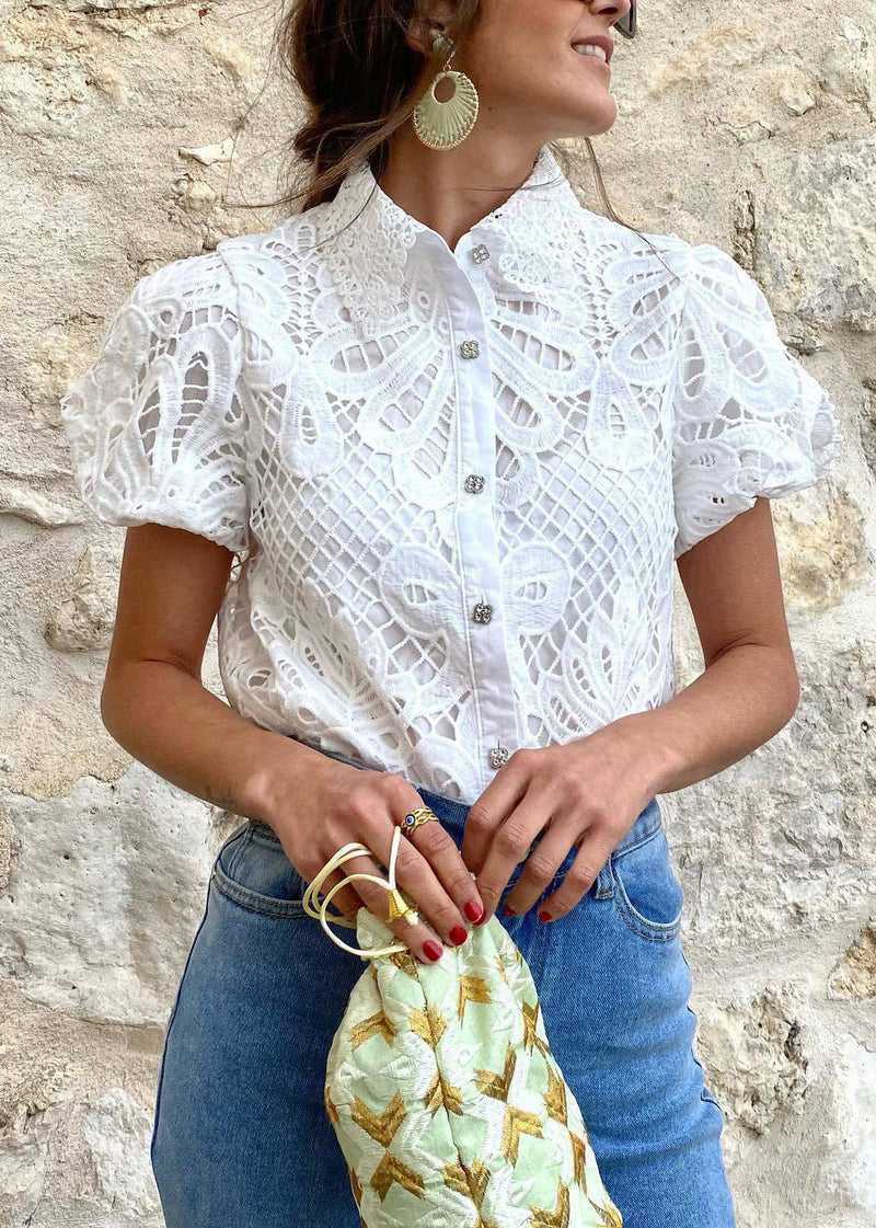 White Peter Pan Collar Hollow Out Lace Blouse Top Summer