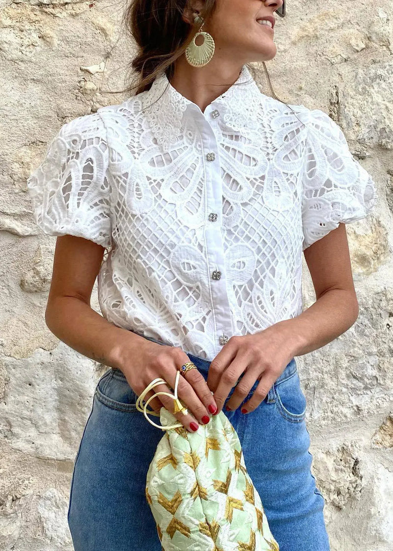 White Peter Pan Collar Hollow Out Lace Blouse Top Summer