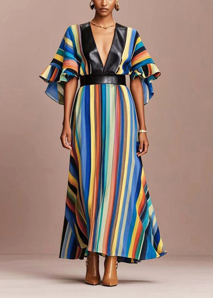 Rainbow Striped Cotton Cinched Dress Flare Sleeve