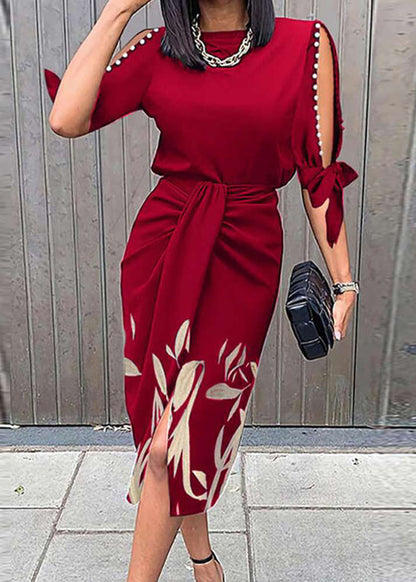 Red Off Shoulder Lace Up Print Dress Summer