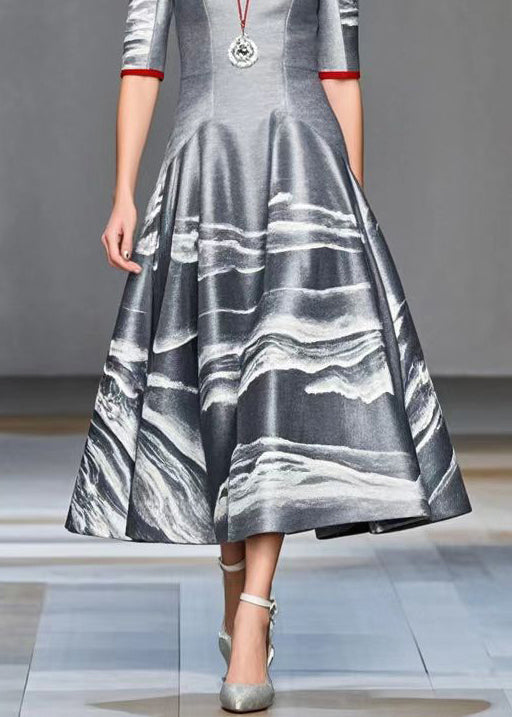 Grey Print Exra Large Hem Cotton Dress Half Sleeve