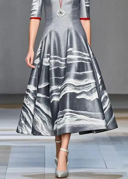 Grey Print Exra Large Hem Cotton Dress Half Sleeve