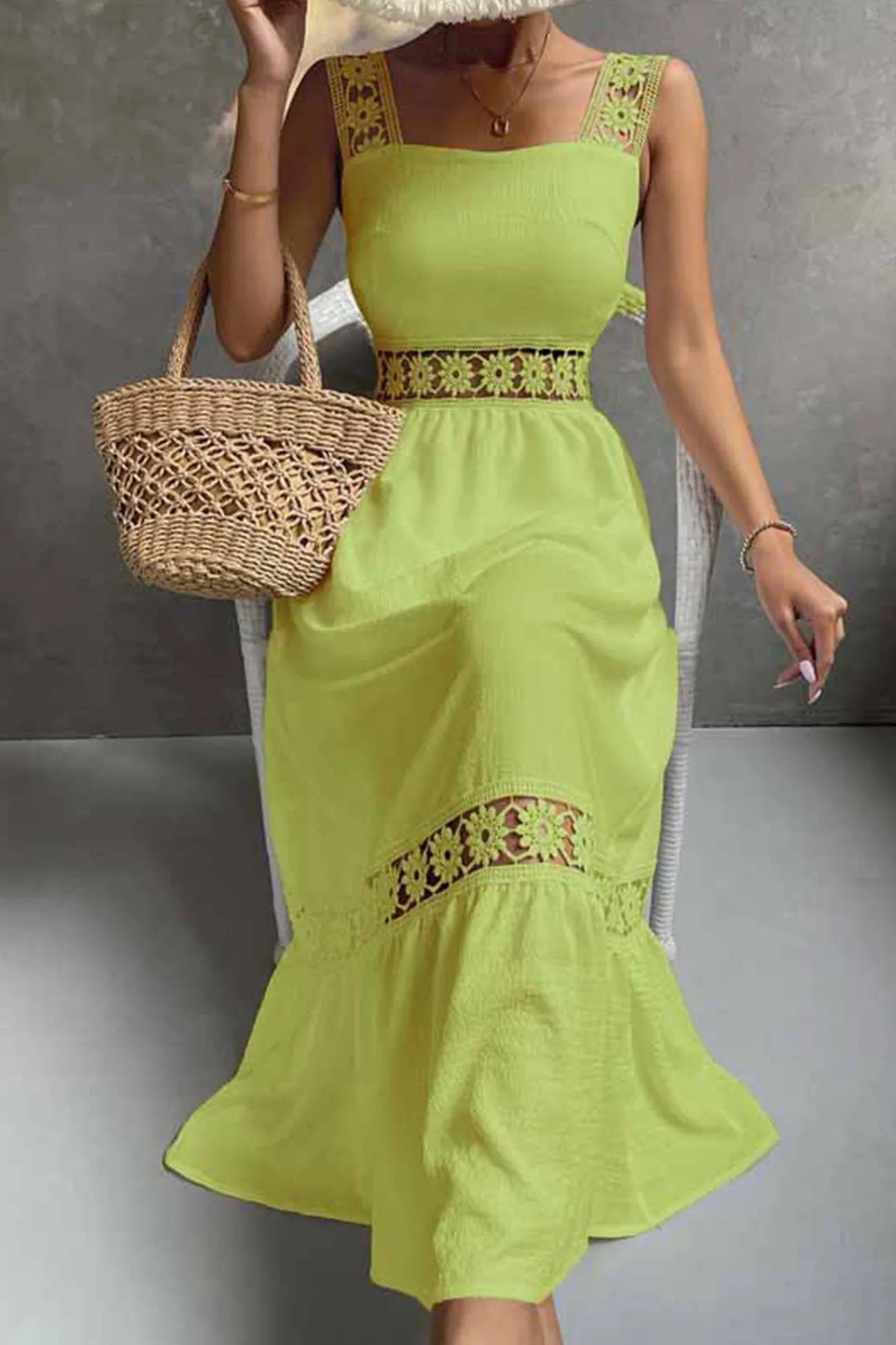 Jacquard Hollow Out Tiered Midi Dress