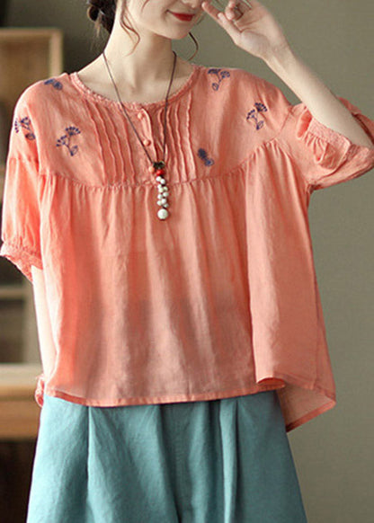 Orange O-neck Embroidered Linen Tops Half Sleeve