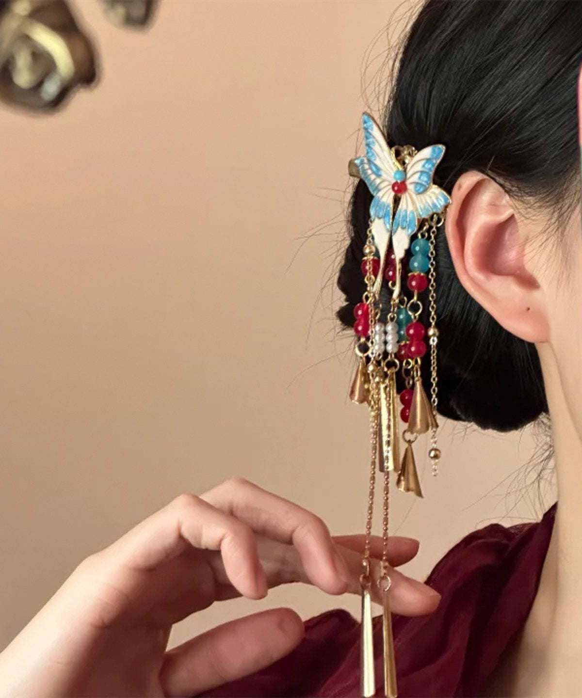 Colorblock Alloy Butterfly Enamel Tassel Single Hairpin