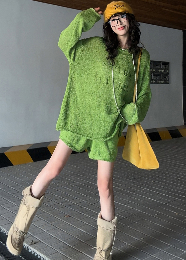 Grass Green Embroidered Letter Knit Two-piece Set Spring