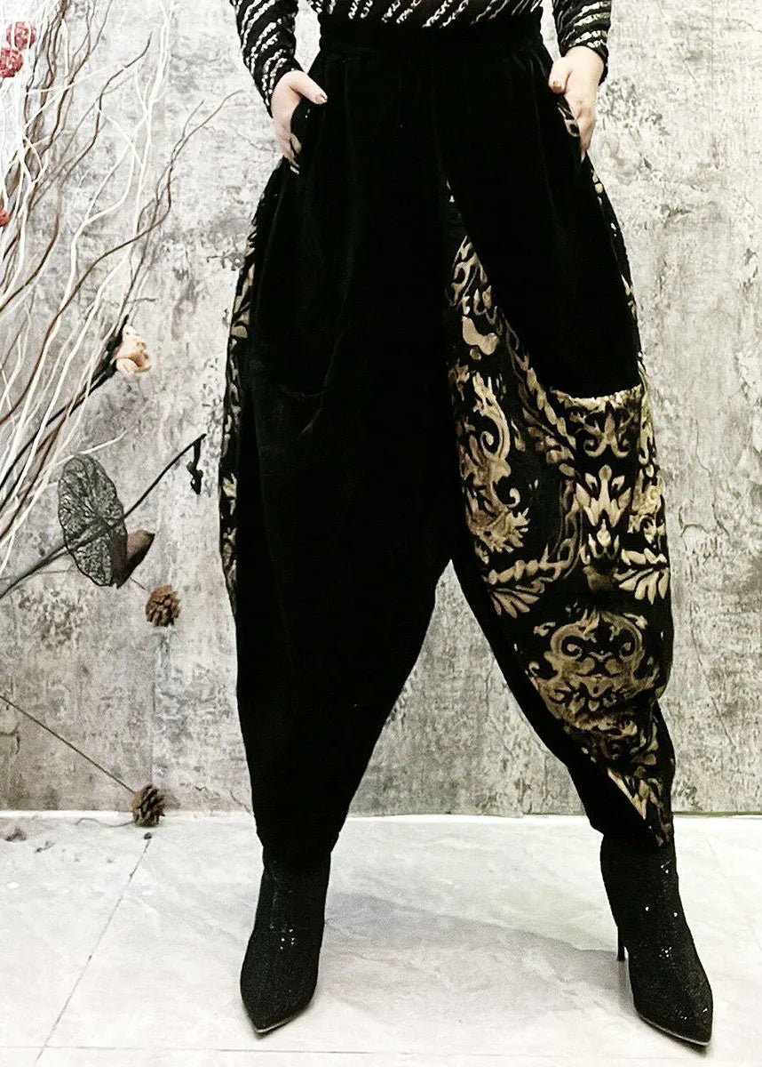 Black Embroidered Pockets Patchwork Corduroy Lantern Pants Spring