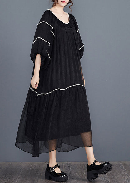 Black Nail Bead Long Dresses Half Sleeve