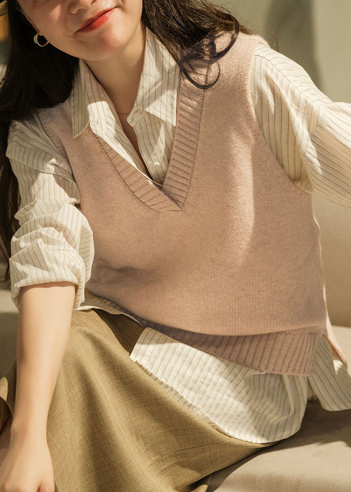 Handmade Khaki V Neck Color Thick Wool Vest Tops Winter