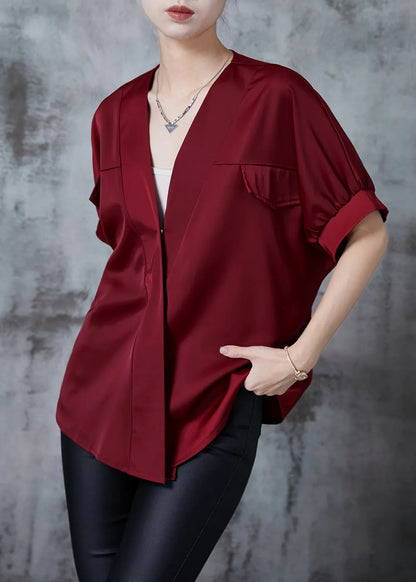 Mulberry Patchwork Silk Shirt Top V Neck Summer