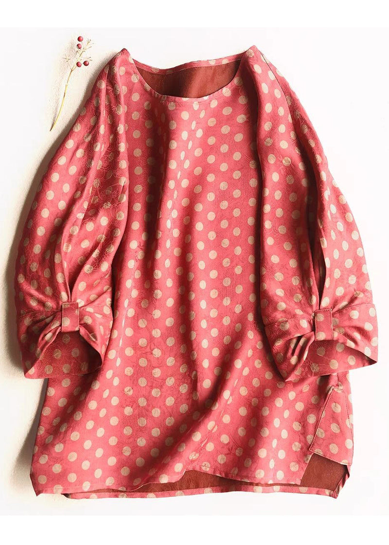 Red O-neck Dot Silk T Shirt Half Sleeve