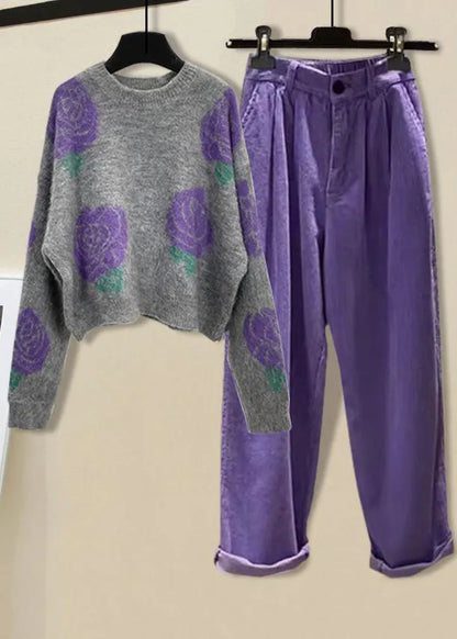 Black Print O-neck Cotton Knit Sweater and Straight Pants Two Pieces Set Winter