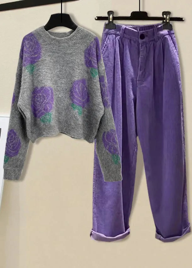 Black Print O-neck Cotton Knit Sweater and Straight Pants Two Pieces Set Winter
