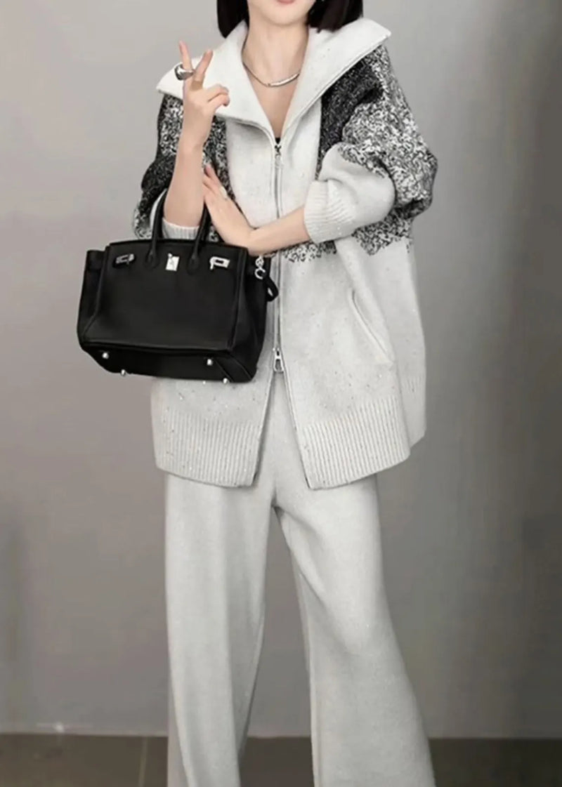 Organic Light Grey Print Zippered Cotton Knit Sweaters and Wide Leg Pants Two Pieces Set Winter