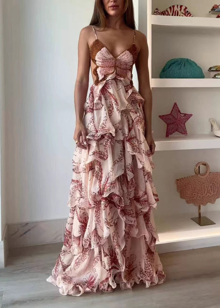 Italian Ruffled Backless Chiffon Spaghetti Strap Dresses Summer