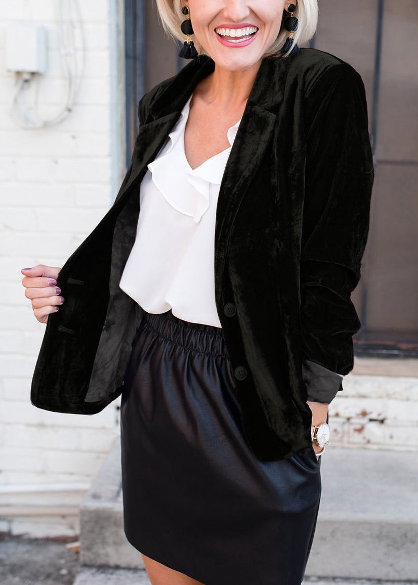 Blackish Green Notched Pockets Velvet Suit Coat Fall