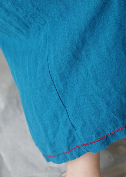 Blue Pockets Linen Wide Leg Pants Summer