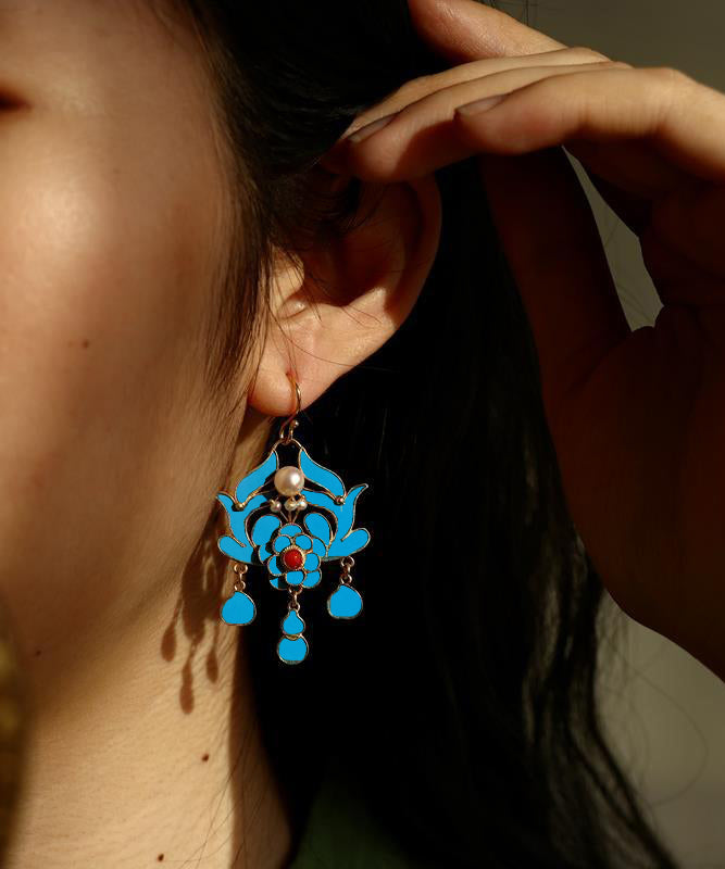 Blue Pearl Tassel Cloisonne Hoop Earrings
