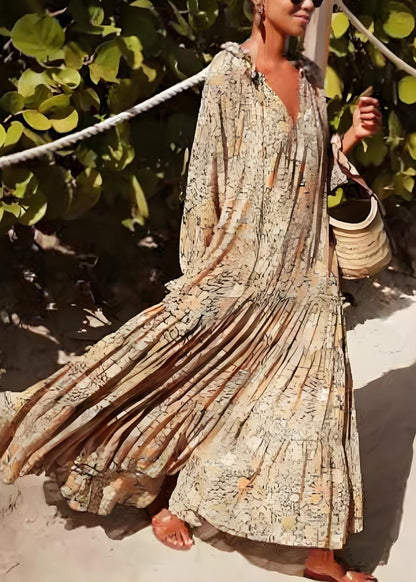 Khaki Ruffled Print Patchwork Cotton Long Dress Spring