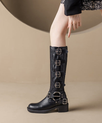 Brown Chunky Cowhide Leather Stylish Splicing Boots