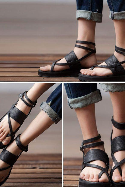 Summer Black Flat Strappy Sandals