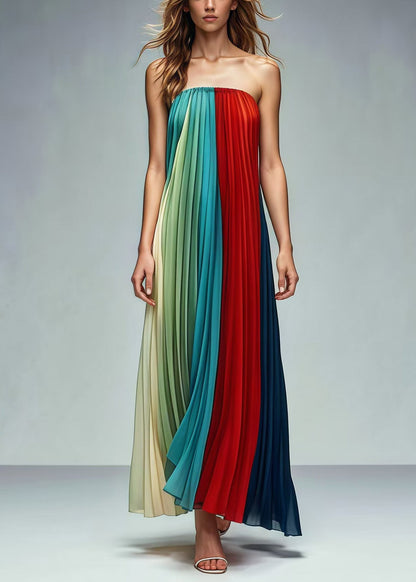 Colorblock Patchwork Wrinkled Chiffon Strapless Dresses Summer