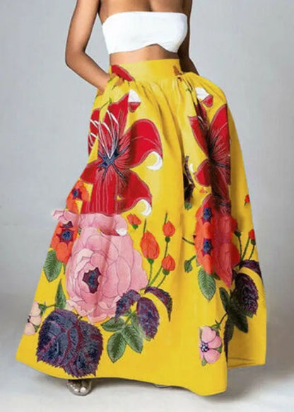 Yellow High Waist Pockets Print Cotton a Line Skirt Summer