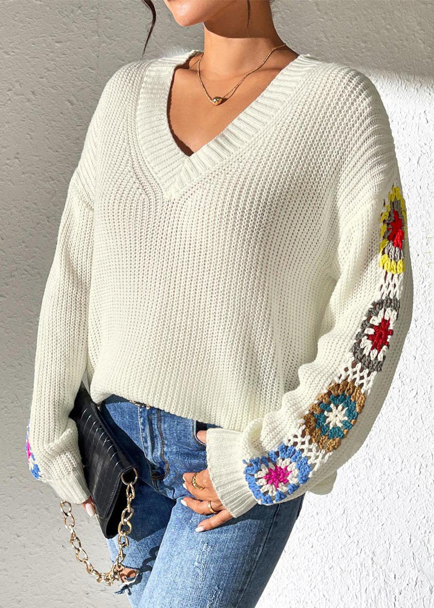 New White V Neck Hollow Ou Embroidered Knit Pullover Spring
